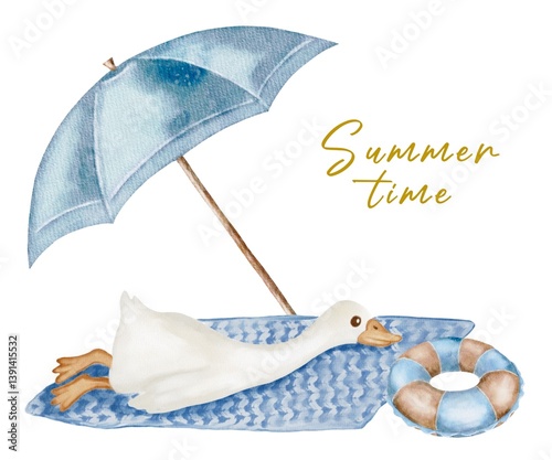 Geese relax under a blue umbrella on a summer day with lifebuoy nearby and blanket spread out