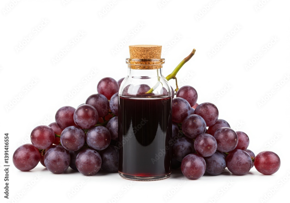 Fototapeta premium A bottle of dark liquid surrounded by a bunch of red grapes on a white background in studio shot