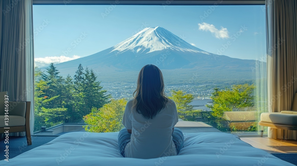 A relaxing traveler visitor at a luxury hotel bedroom on her trip with Fuji mountain view, Japan.