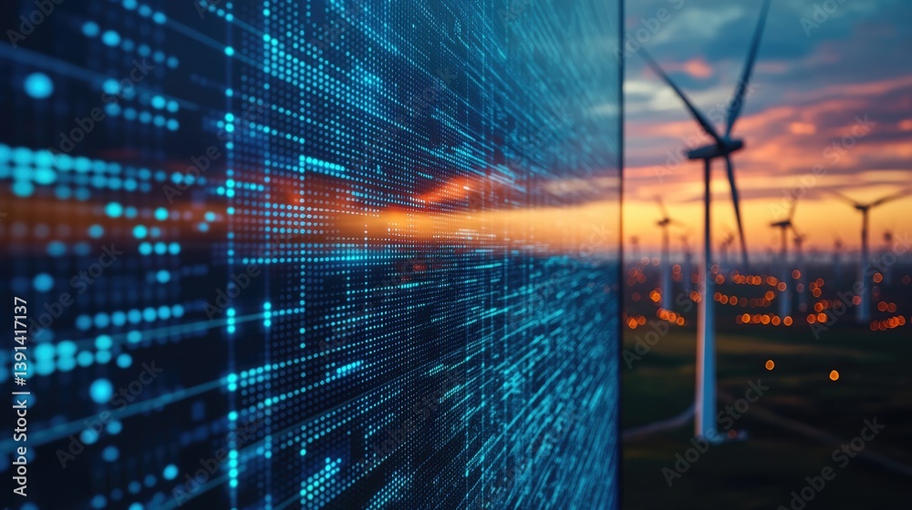 Wind turbines farm with Scada system on computer screen at operations controller room for operator engineer teamwork at power plant