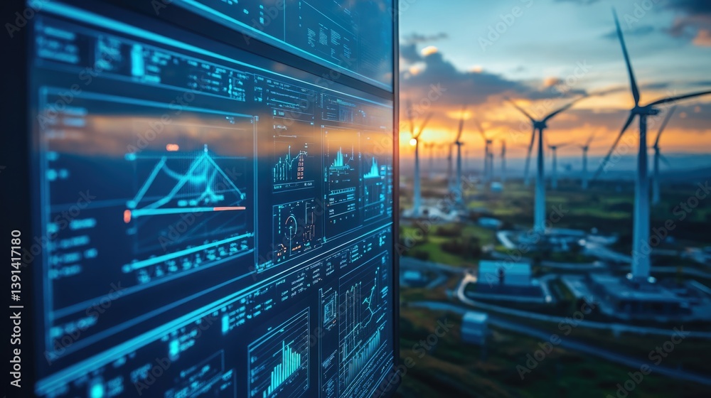 Wind turbines farm with Scada system on computer screen at operations controller room for operator engineer teamwork at power plant