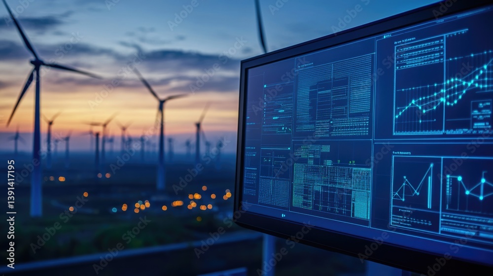 Wind turbines farm with Scada system on computer screen at operations controller room for operator engineer teamwork at power plant