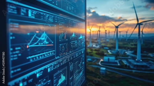 Wind turbines farm with Scada system on computer screen at operations controller room for operator engineer teamwork at power plant	
