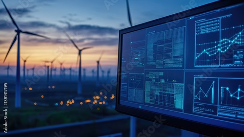 Obraz na płótnie Wind turbines farm with Scada system on computer screen at operations controller room for operator engineer teamwork at power plant w salonie
