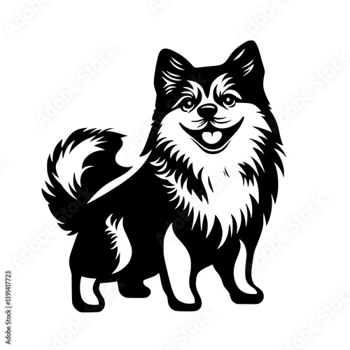 Happy fluffy cartoon dog illustration, Black and white cartoon drawing of a cheerful, fluffy dog with a big smile, perfect for pet themes and playful designs.

