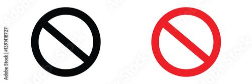 Sign forbidden. Icon symbol ban. Red circle sign stop entry and slash line isolated on white background. Mark prohibited. Round cross logo restrict entrance. Signal cancel enter. Vector illustration .