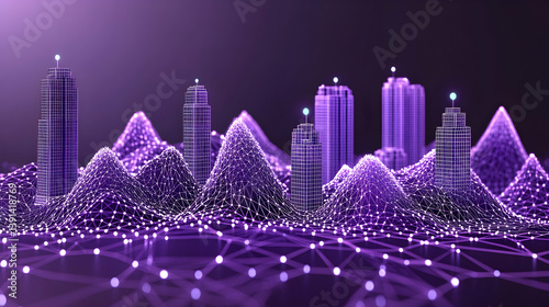 Futuristic city skyline, network of connections.  Abstract representation of urban sprawl and digital interconnectedness