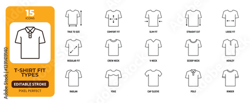 T-Shirt Fit Types Icon Set – Slim Fit, Comfort Fit, V-Neck, Polo, Crew Neck, Regular Fit, Editable Stroke.