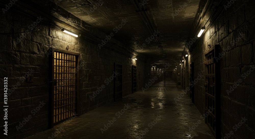Jail Corridor with Metal Bars and Dim Lighting Illustration Jail Corridor with Metal Bars and Dim Lighting Illustration