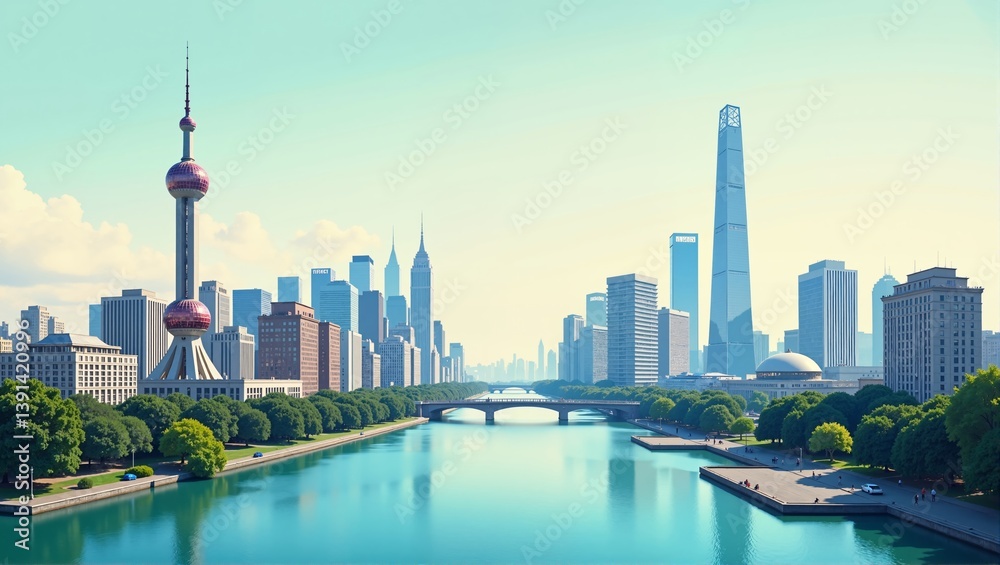Fototapeta premium Modern River Skyline in China Shanghai features stunning panoramic view, tall buildings, calm water. Concept of Modern River Skyline in China Shanghai showcasing serene landscape.
