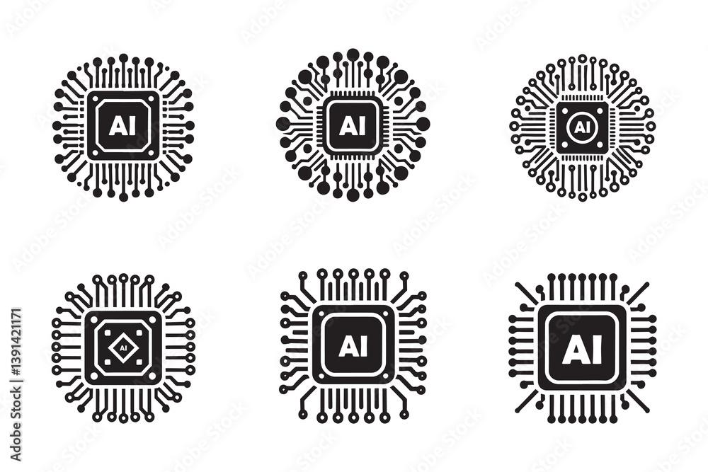Fototapeta premium AI Chip Silhouette Illustration Logo Icon – Microchip Technology Vector