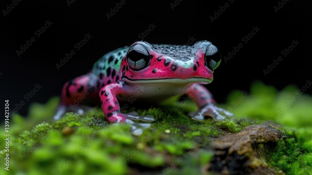 Naklejka premium Vibrant Pink and Green Frog on Moss