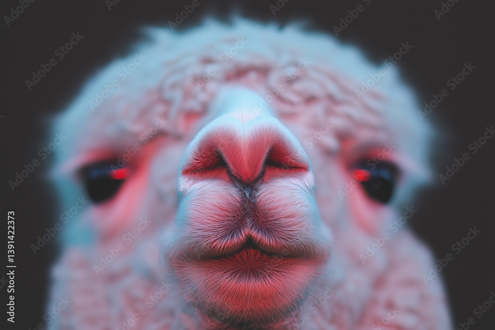 Fototapeta premium Intimate close-up of a llama's face highlighting its fuzzy fur and gentle features in artistic lighting.