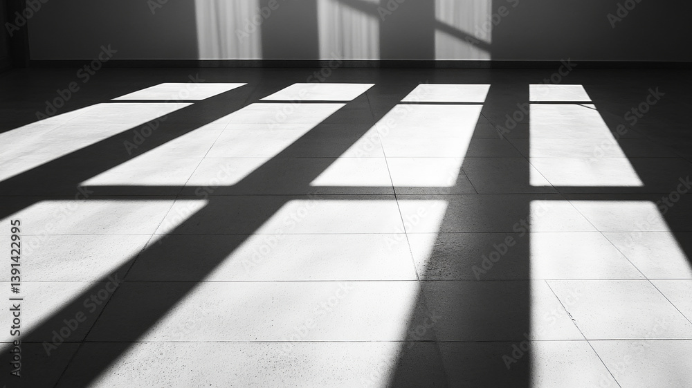 Black and white shadow patterns on tiled floor from window light in abstract minimal setting