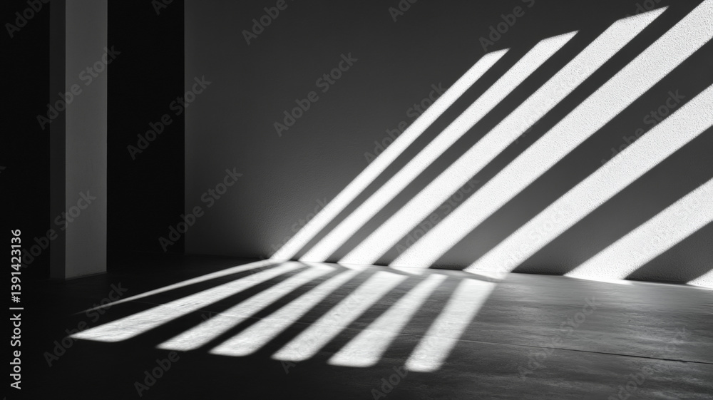 Abstract light and shadow lines casting diagonally on dark floor and wall in black and white minimalism