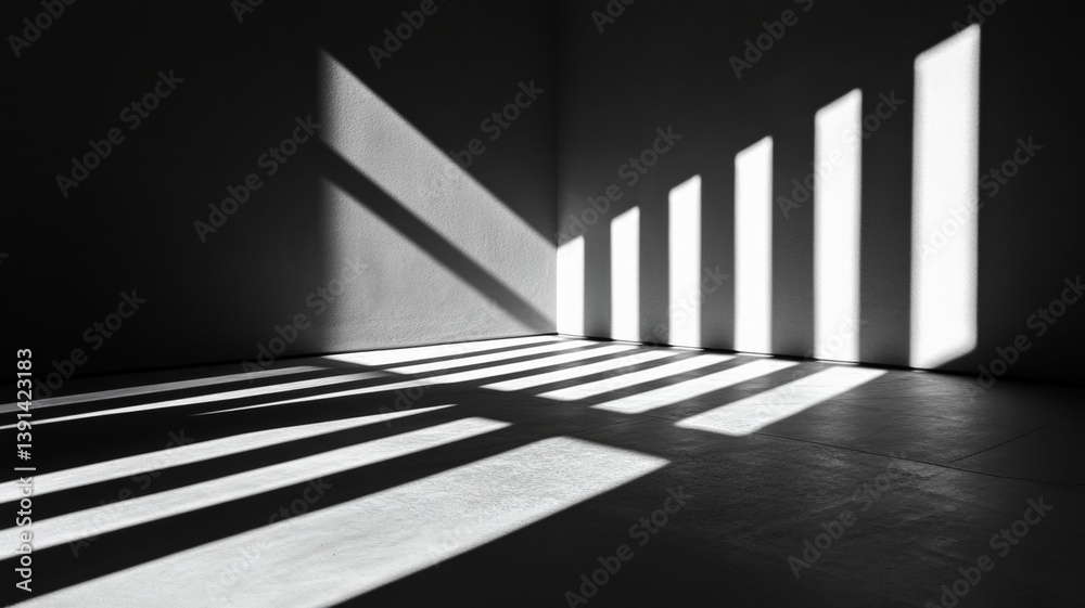 Abstract light and shadow lines casting diagonally on dark floor and wall in black and white minimalism Abstract light and shadow lines casting diagonally on dark floor and wall in black and white minimalism