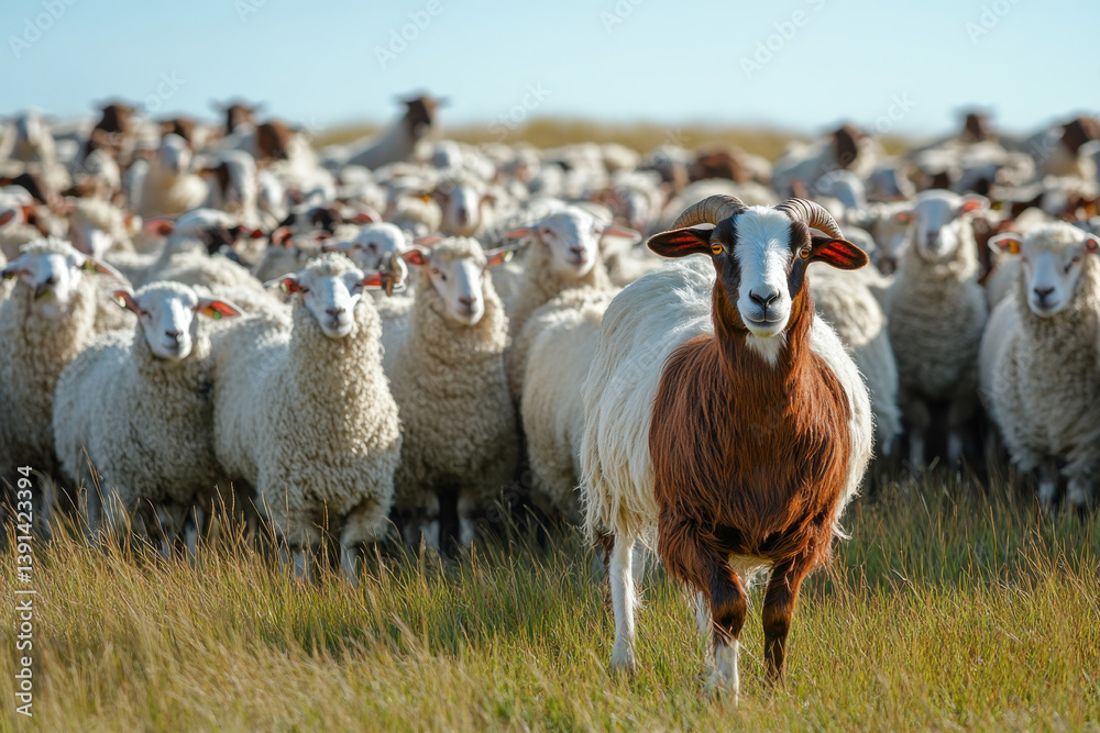 Single Boer goat in a flock of Dorper sheep being herded into corral Single Boer goat in a flock of Dorper sheep being herded into corral