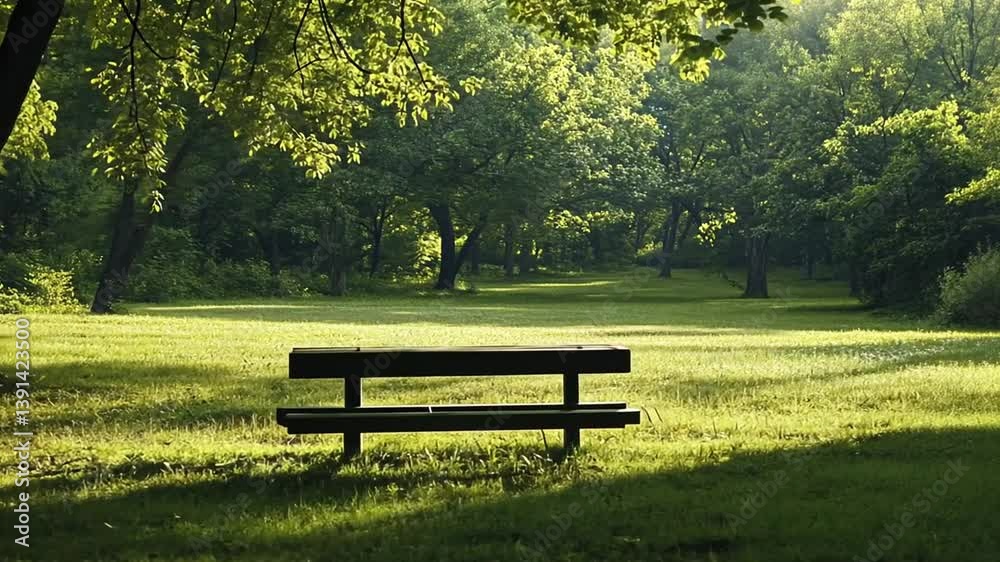 A solitary park bench sits in dappled sunlight surrounded by lush green trees and grass. A solitary park bench sits in dappled sunlight surrounded by lush green trees and grass.