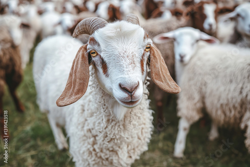 Single Boer goat in a flock of Dorper sheep being herded into corral photo