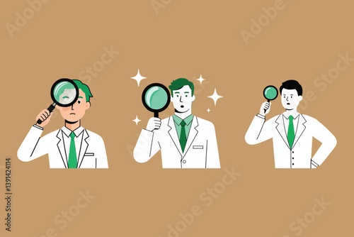  Three Cartoon Detectives Examining with Magnifying Glasses on a Beige Background