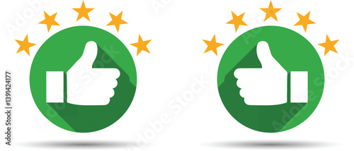 Two Green Thumbs Up Icons with Shadow Five Stars Rating.