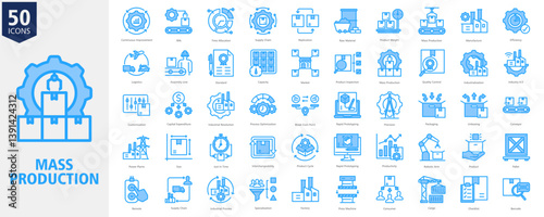 Mass Production Icon Set Outline blue Style with Continuous Improvement, RPA, Time Allocation, Supply Chain, Replication, Raw Material, Product Weight, Mass Production, Manufacture and Efficiency
