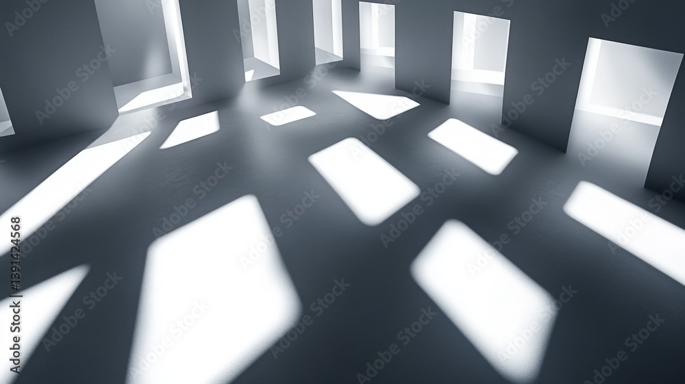 Abstract geometric shadows and light patterns on a wall and floor in minimal architectural space