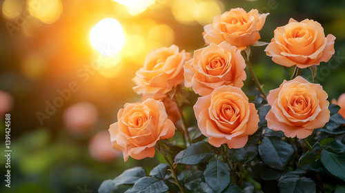 Sunset illuminates a cluster of peach roses in full bloom.