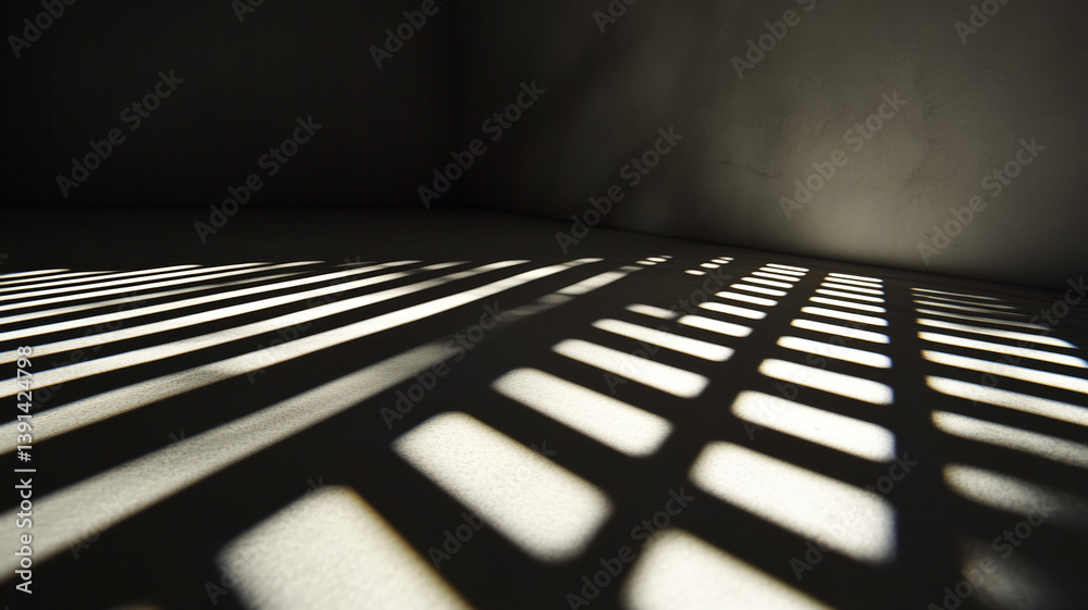 Diagonal and horizontal light shadows on concrete floor creating abstract minimalist composition in moody lighting