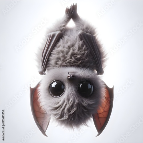 Adorable baby vampire bat with gray fluffy fur and tiny folded wings hanging upside down