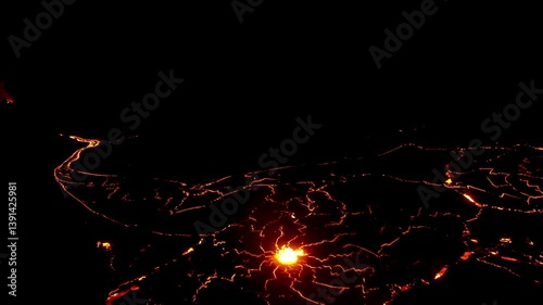 A bright eruptive vent feeds molten lava streams that cut through the volcanic terrain under darkness, captured from above in a vivid nighttime view.