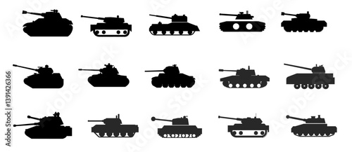 Collection of Military Tanks in silhouette. vector