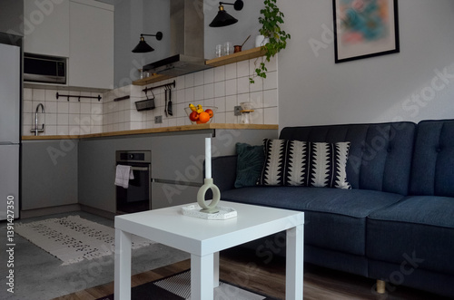 Scandinavian interior style modern studio small apartment in white and grey colors, furniture in living area and kitchen area