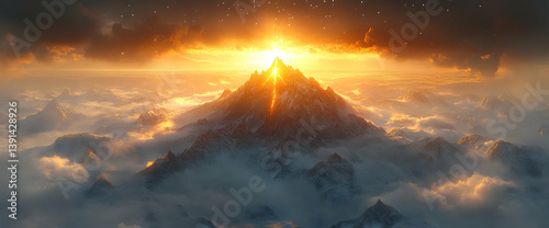 Majestic sunrise illuminates a snow-capped mountain peak above a sea of clouds.