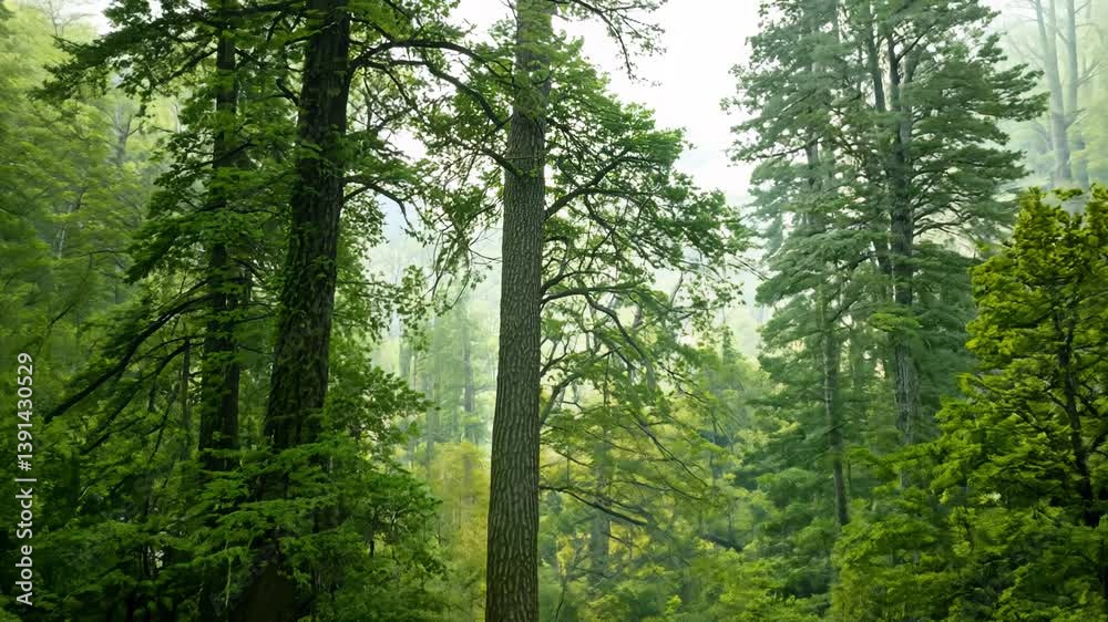The camera zooms out to reveal majestic beech trees dominating a tranquil forest setting, surrounded by vibrant greenery The camera zooms out to reveal majestic beech trees dominating a tranquil forest setting, surrounded by vibrant greenery