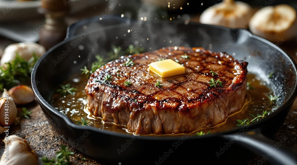 Chuck roast steak sizzling in cast iron skillet with butter, steam, thyme sprigs and split garlic head showcasing perfect searing technique and caramelized crust Chuck roast steak sizzling in cast iron skillet with butter, steam, thyme sprigs and split garlic head showcasing perfect searing technique and caramelized crust
