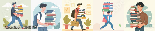 vector of young man carrying a pile of books