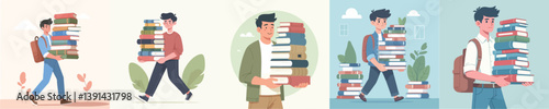 vector of young man carrying a pile of books