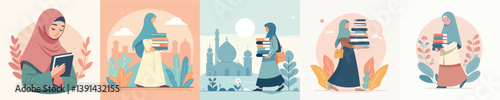 vector of woman in hijab carrying book