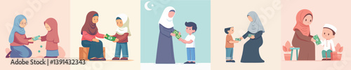 hijab woman vector giving her child money