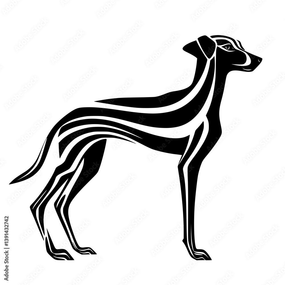 Obraz premium Stylized greyhound dog with abstract lines, Modern black and white vector illustration of a sleek greyhound dog with flowing abstract stripe patterns, perfect for logos or art.