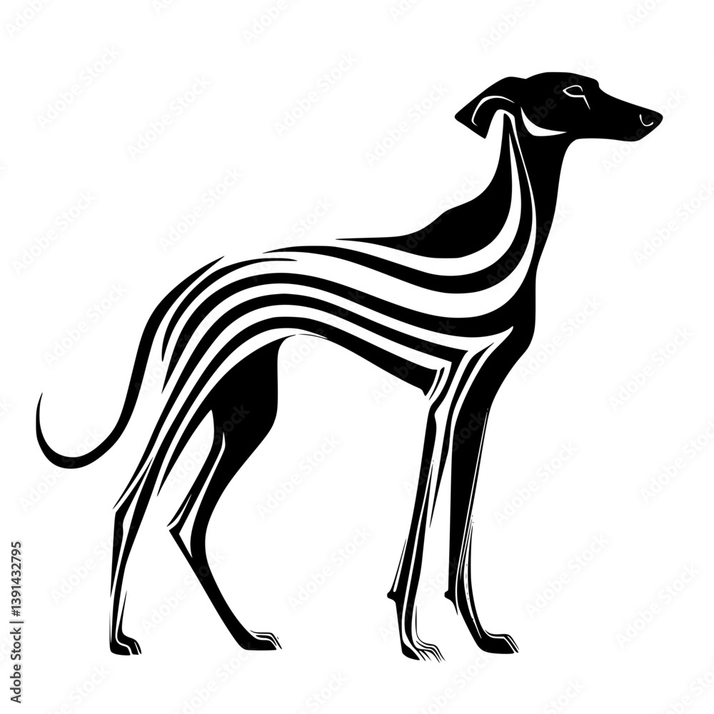 Obraz premium Stylized greyhound dog with abstract lines, Modern black and white vector illustration of a sleek greyhound dog with flowing abstract stripe patterns, perfect for logos or art.