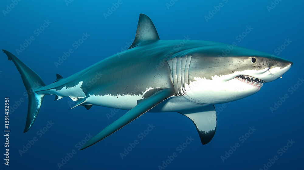 Sleek megalodon glides through deep waters, contrasting with a bulky silhouette in the background, embodying elegance and power. Sleek megalodon glides through deep waters, contrasting with a bulky silhouette in the background, embodying elegance and power.