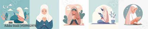 vector of a woman in hijab praying