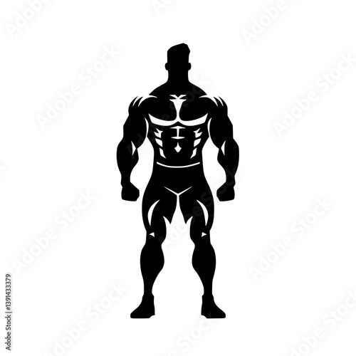 Muscular bodybuilder silhouette flexing pose, Black and white vector silhouette of a muscular male bodybuilder flexing in a powerful stance, ideal for fitness or gym branding.

