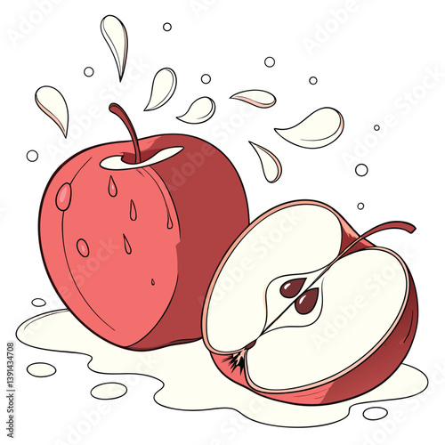 Maça fresca, suculento. Fundo branco com gotas de água, splash. Comidas, frutas maduras e frescas