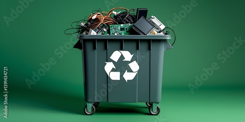 Recycling bin filled with old electronic devices and circuit boards, symbolizing e waste disposal, sustainability, and responsible electronic recycling on a green background
