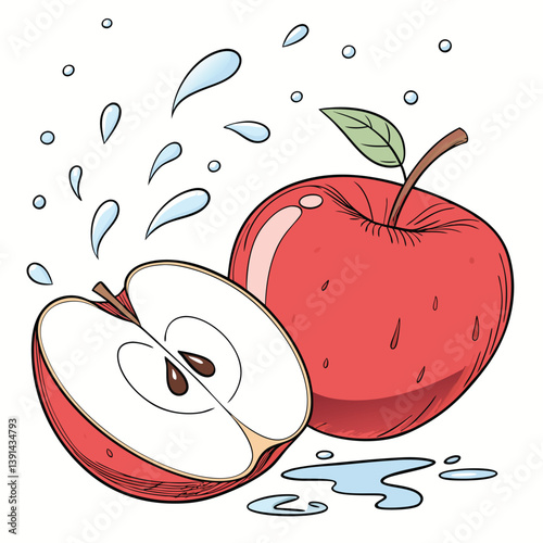 Maça fresca, suculento. Fundo branco com gotas de água, splash. Comidas, frutas maduras e frescas