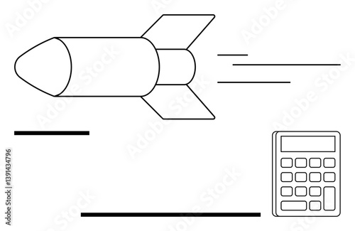 Rocket moving swiftly signifies speed and progress calculator represents calculation and accuracy. Ideal for technology, innovation, productivity, science, education, business strategy, flat simple