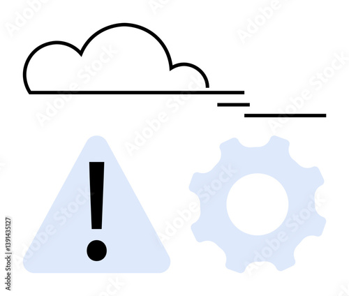 Cloud icon, warning triangle with exclamation mark, and gear symbolizing data processing, caution, troubleshooting, and system operations. Ideal for IT, warnings, cloud storage maintenance